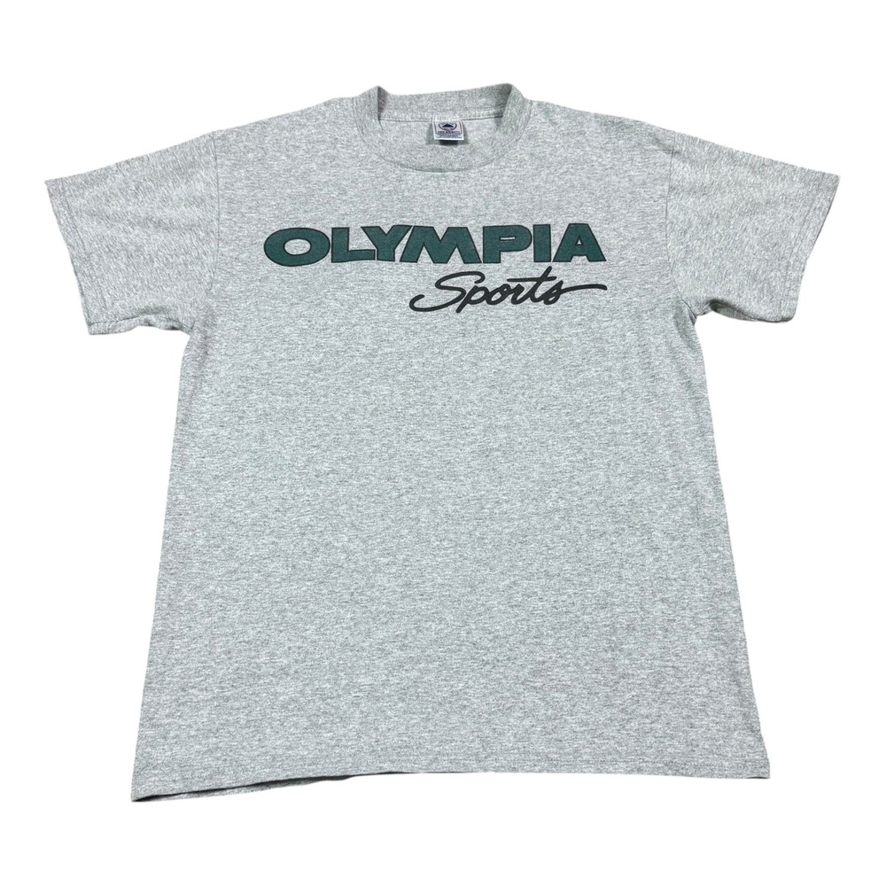 Vintage 90s Delta Olympia Sports Spell Out Gray Double Stitch Shirt Men's M